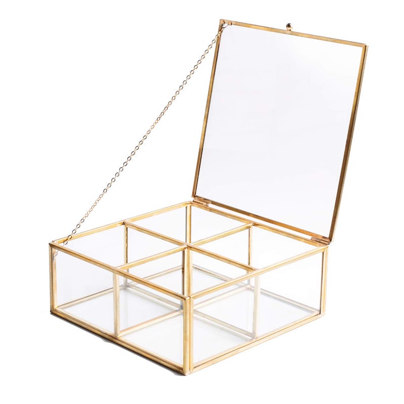 Levilan 4 Compartment Golden Vintage Glass Lidded Jewelry Box, Large Clear Metal Box for Rings Bracelet Keepsake, Golden Organizer Home Decor with Decorative Lace - Image 1